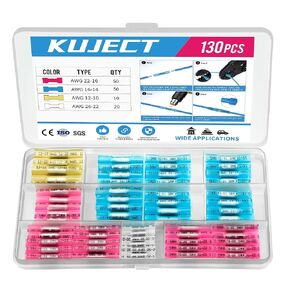Kuject 130 قطعة من موصلات المؤخرة المنكمشة بالحرارة، 4 مقاسات مجموعة موصلات الأسلاك المعزولة المقاومة للماء، موصلات تجعيد كهربائية نحاسية معلب لمفصل ستيريو لشاحنة القوارب البحرية للسيارات