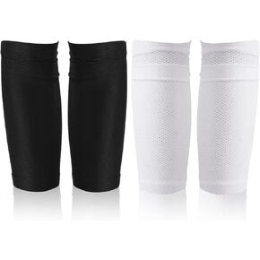 2 Pair Shin Pads Socks, Breathable Football Shin Pads Holders Soccer Shin Guard Socks Soccer Sock Sleeves Soft Calf Sleeves for Kids Adults Beginners (Black & White)