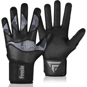 feeda Batting Gloves Softball Batting Gloves Baseball Batting Gloves Digital Leather Palm Breathable Airprene Wrist Support Ambidextrous - Black