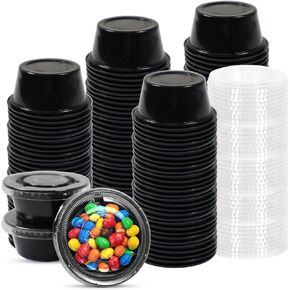 Klex 2 Oz Disposable Plastic Portion Cups with Lids for Sauce, Condiment, Souffle and Jello, Microwave & Freezer Safe, Black/Clear, 59ML, 100 Sets