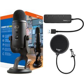 Blue Microphone Yeti USB Microphone (Blackout) Bundle with Studio Pop Filter and 4-Port USB 3.0 Hub Bundle- Blue Yeti Mic is ideal for Recording, Computer Gaming, Streaming, and Podcasts (3 Items)