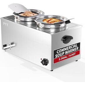 PYY Commercial Soup Warmer - 9.2QT Steam Table Food Warmer Electric Countertop Bain Marie Station with Large Stainless Steel Dual Round Pots for Restaurants, Parties, Buffets, Catering 86-185°F