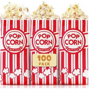 Alitte Paper Popcorn Bags (100-Pack) 2 oz Individual Servings - Leakproof Bottom, Holds 4 Cups of Popcorn - Classic Red and White Stripes, for Movie Night, Carnival, Party, Theater, and Snack Bars