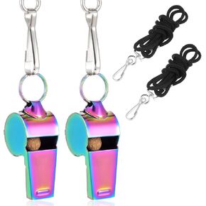 2 Pack Stainless Steel Whistle with Lanyard, Colorful Coach Sports Whistle, Loud Crisp Sound Whistle for Coaches, Teachers, Referees, Official