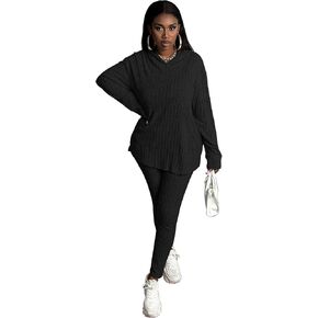 TOPSRANI Womens Two Piece Outfits Tracksuit Casual Sweatsuits Hoodie Solid Ribbed Long Sleeve Pullover Lounge Pant Sets