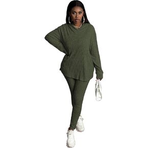 TOPSRANI ملابس نسائية مكونة من قطعتين بدلة رياضية غير رسمية مع قلنسوة مضلعة وأكمام طويلة بلوفر صالة بانت مجموعات in Kuwait