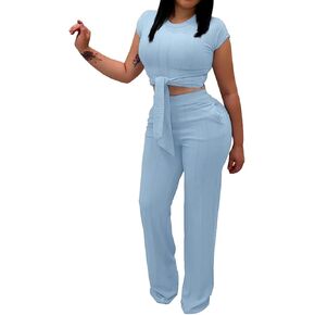 EDITCOZY Women 2 Piece Outfits Sexy Tie Front Crop Top Wide Leg Pants Sets Casual Summer Ribbed Two Piece Set