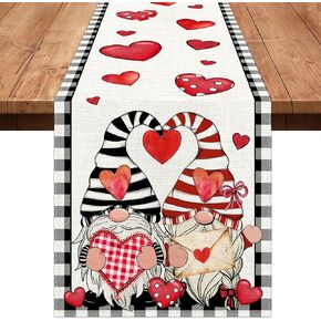 Valentines Day Table Runner, Valentines Day Decor, Valentine Table Runner 13x72 Inch Long, Valentines Gnomes Runner for Table, Burlap Heart Gnomes Valentines Day Decorations for Dining Table