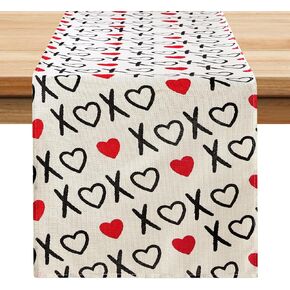 Valentines Day Table Runner: Romantic Red Hearts XOXO Love Table Runner, Festive Rustic Burlap Valentine's Dining Table Decor for Home Kitchen Indoor Party Anniversary Farmhouse Decorations (13x72in)