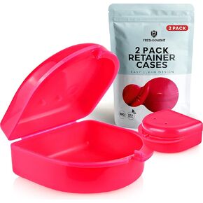 Retainer Case (2 Pack). Retainer Case with Vent Holes. Perfect for Denture, Mouth Guard, Aligners. (Bright Pink)