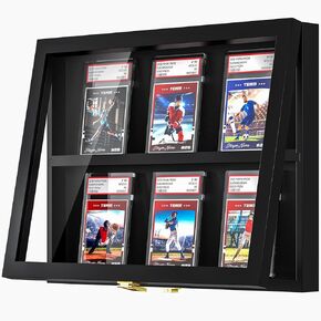 TJ.MOREE Card Display Case Baseball Card Display Case 6 Graded Sport Card Display Case Wall Mount for Baseball Football Basketball Hockey Trading Card Collection, Black