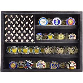 Military Challenge Coin Display Case, Medals Display Case with 2 Groove Shelves,Military Challenge Coin Display Shadow Box,Pin Display Cabinet,Wall Mount Coin Collection Holder for Exquisite Souvenirs