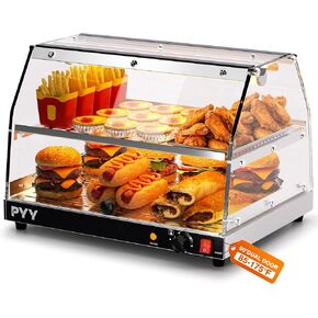 PYY Commercial Food Warmer Display - 2-Tier Countertop Food Warmer with LED Lighting, Adjustable Shelf Pastry Disaplay Case Pretzel Warmer Machine for Hamburger, Pizza, Bread, Fried Chicken