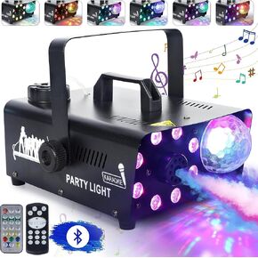 ATDAWN Fog Machine with 8 LED Lights and Disco Ball, Wireless Remote Control Smoke Machine with Bluetooth Speaker, Perfect for Wedding, Halloween, Party and Stage Effect