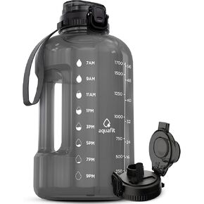 AQUAFIT 64 oz Water Bottle with Time Marker, BPA Free Half Gallon Water Bottle with Straw, Gym Water Bottle with Handle, Gallon Water Jug, Big Water Bottle, Large Water Bottle (Gray, 64oz 2in1 Lid)