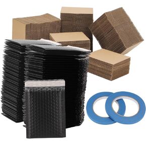 Trading Card Shipping Protectors Supplies, 302 Pcs Card Shipping Supplies Set, Includes 200 Corrugated Card Sleeves Cardboard Inserts, 100 Pcs Bubble Mailers, 2 Masking Tape, Black