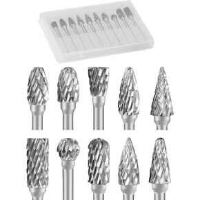 Carbide Burr Set 10Pcs 1/8"Shank Carbide Burr Bits 1/4" Head Length Rotary Tool Bits Tungsten Double Cut Carbide Burr for Metal Wood Carving,Drilling,Engraving, Polishing