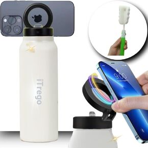 Water Bottle with Magnetic Phone Holder Lid - Insulated, Double Wall Stainless Steel Mag-safe Water Bottle With Straw & Magnet Mount for Gym, Travel, Sports - Hot & Cold (White 24 Oz)