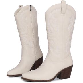 Womens Cowboy Boots Embroidered Western Cowgirl Mid Calf Boots with Block Chunky Heel Comfortable Retro Pull On Pointed Toe Wide Calf Long Tall