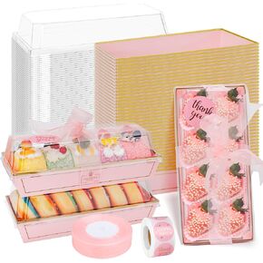 60Sets Valentines Treat Boxes Chocolate Covered Strawberries Boxes with Clear Lids, To Go Food Containers for Strawberries,Sandwich,Cake Slices,Cookies,Macaron,with Stickers&Packing Ribbons