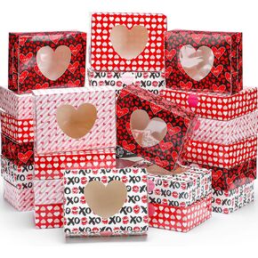 Resholder 24 Pcs Valentine's Day Bakery Cookie Boxes 8 x 6 x 2.5'' Valentines Treat Boxes with Heart Window Cupcake Candy Gift Container Boxes with Sticker for Valentines Party Favors