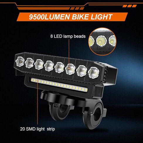 أضواء الدراجة 9500 لومن أضواء الدراجة فائقة السطوع لركوب الليل 8LED 20 SMD ضوء الدراجة وقت التشغيل 36+ ساعة مصباح أمامي للدراجة مقاوم للماء USB قابل لإعادة الشحن أضواء الدراجة الأمامية والخلفية in Kuwait