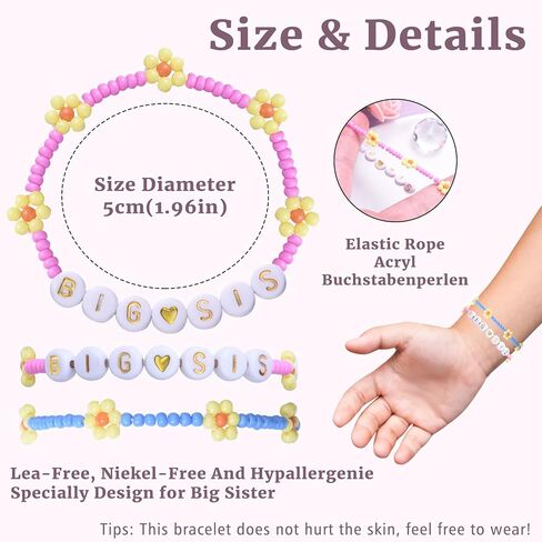 LParkin Big Sister Bracelet Set - 2PCS Big Sister Bracelets for Girls, Stretch Beads Big Sister Gift for Toddler, Pink and Blue in Kuwait