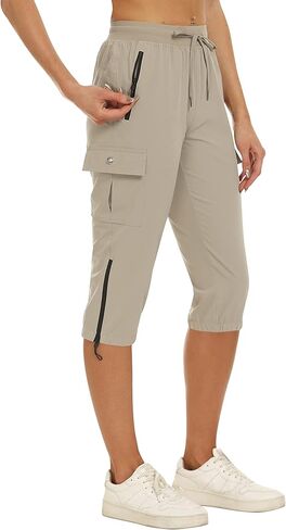 سراويل MoFiz النسائية Capris Cargo للتنزه سيرًا على الأقدام خفيفة الوزن وسريعة الجفاف في الهواء الطلق ورياضات الجري والرياضات والسفر وجيوب بسحاب للصيف in Kuwait