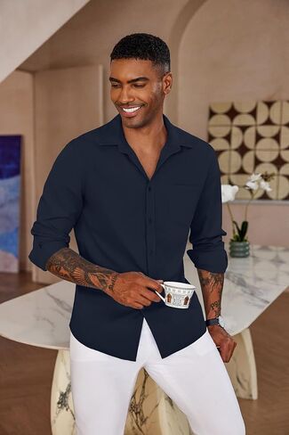 COOFANDY Men's Button Down Long Sleeve Shirt Casual Untucked Dress Shirt Regular Fit Wedding Shirts in Kuwait