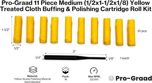 11 قطعة متوسطة (1/2x1-1/2x1/8) مجموعة لفافات خرطوشة تلميع وتلميع القماش المعالجة باللون الأصفر، مثالية لتلميع التفاصيل في المناطق التي يصعب الوصول إليها، وتتضمن مغزل ساق 1/4 بوصة in Kuwait