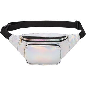 Holographic Fanny Pack for Women, Cute Waist Belt Bag, Crossbody Bag 3-Pocket Water Resistant Fashion Small Bum Bag with Adjustable Belt for Running Hiking Shiny Pink