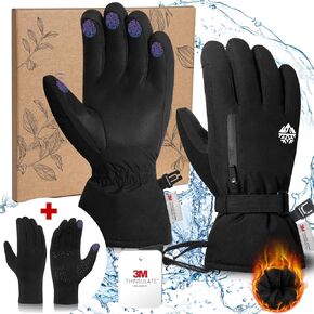 2 in 1 Snow Gloves Waterproof with Glove Liners, Winter Thermal Touchscreen Ski Gloves Made with 3M Thinsulate, Anti-Slip PU Palm Snowboard Gloves with Zipper Pocket for All Snow Sports, Medium