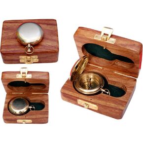 Vintage Brass Nautical Compass with Wooden Case - Antique Brass & Copper Sun Clock for Camping, Hiking, Touring - Engraved Gift for Him - Nautical Ship Replica Watch - Compass Gift for Men