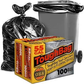 ToughBag 55 Gallon Trash Bags Heavy Duty (100 Count) - 50-60 Gallon Black Garbage Bags, Large Trash Bags - 38 x 58" - Made in USA