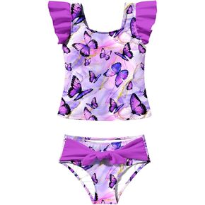 8-12T Girls 2-Piece Bathing Suit Marbling Print Summer Ruffle Swimsuit Tankini Sets Beach Sport Kids Swimsuit