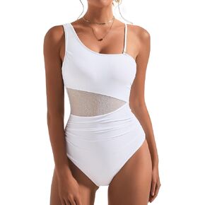 SUUKSESS Women Mesh One Shoulder One Piece Swimsuit Tummy Control Bathing Suit