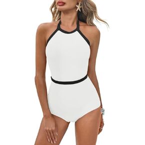 Saodimallsu Womens One Piece Swimsuits Backless High Neck Tummy Control Color Block Halter Tie Bathing Suits