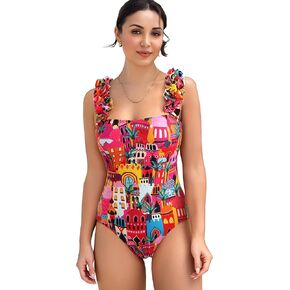 SPORLIKE One Piece Swimsuit Women Ruffle Adjustable Straps Bathing Suit Padded Swimwear