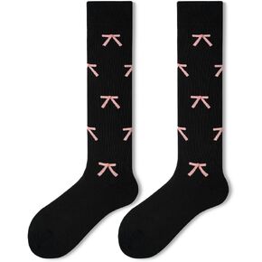Compression Socks for Women Knee High Socks Calf Socks for Women Cotton Bow Pattern Socks Black/Grew Valentines Day Gift Black