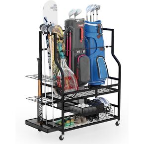 YITAHOME Golf Bag Organizer for Garage, 3 Golf Bag Storage Stand with Casters, Garage Sports Organizer for Golf Bags Clubs Balls