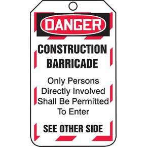 Accuform TAB102PTP Barricade Status Tag, Legend "DANGER CONSTRUCTION BARRICADE - ONLY PERSONS DIRECTLY INVOLVED SHALL BE PERMITTED TO ENTER", 5.75" Length x 3.25" Width x 0.015" Thickness, RP-Plastic, Red/Black on White (Pack of 25)