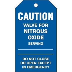 Accuform TDM640CTP PF-Cardstock Medical Gas Tag, Legend "Caution Valve for Nitrous Oxide Serving DO", 5.75" Length x 3.25" Width x 0.010" Thickness, White on Blue (Pack of 25)