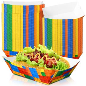 Honeydak 100 Pcs Building Block Themed Party Supplies Colorful Brick Themed Paper Food Trays Disposable Serving Tray for Nacho Trays Hot Dog Nachos Tacos Food Holder Festival Birthday Party Favor