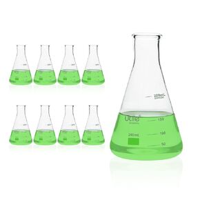 Utile 8pcs 200ml Glass Erlenmeyer Flask Set, Narrow Mouth Erlenmeyer Flasks, Borosilicate 3.3 Glass Conical Flasks for Laboratory with Printed Graduation, 4016.0200.8