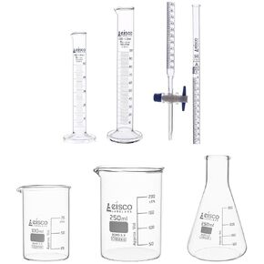 Eisco Labs - Glass Titration Set - 100mL & 250mL Beakers, 50mL & 100mL Graduated Cylinders, 250mL Erlenmeyer Flask, 50mL Burette - Premium Glassware for Titration Experiments - Glass Kit