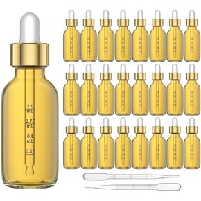 Set of 4 Elegant Light Amber Glass Dropper Bottles with Gold Caps, 2oz - Leak-Proof with Graduated Droppers for Essential Oils, Serums, and Tinctures (4)