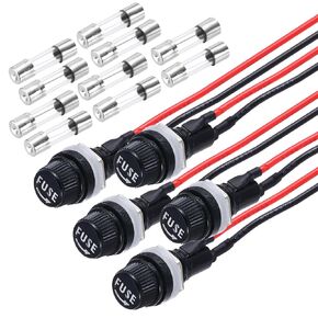MECCANIXITY 5 Pcs Panel Mount Fuse Holder, 5 x 20mm 10/15A DC 125/250V Ring Terminal Screw Cap Fuse Holders with Pre-Soldered Wires and Glass Tube Fuses