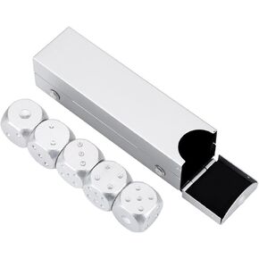 Precision Aluminum Alloy Dice Solid Metal Dice Set Table Game Dice Poker Games Dices Set with Case 5pcs (Silver-Rectangle Box)