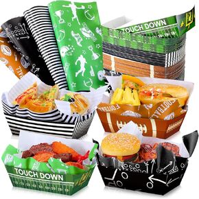 Honeydak 100 Pcs Football Disposable Paper Trays Food Boats with Waxed Paper Sheets, Disposable Football Bowls Supplies and Grease Proof Liners for Sports Birthday Football Party Decorations