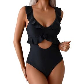 Rainlover Womens One Piece Swimsuits Tummy Control Bathing Suit Cutout High Waisted Ruffle Wrap V Neck Swimwear